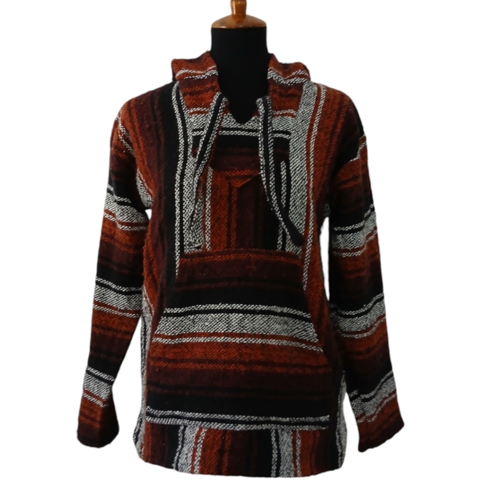 Mexican Baja Hoodie Hippie Surf Poncho Sweater Sweatshirt Pullover Unisex Small - Picture 2 of 12